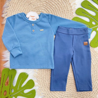 Conj. Blusão Manga Longa com Botão e Calça Newtech - Azul Jeans